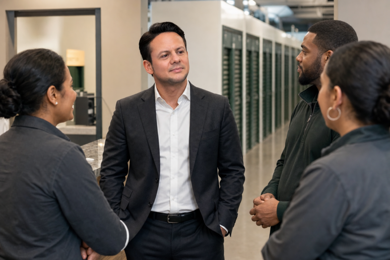 Jared Mastroianni and a facility team reviewing an operating handoff in a self-storage corridor.