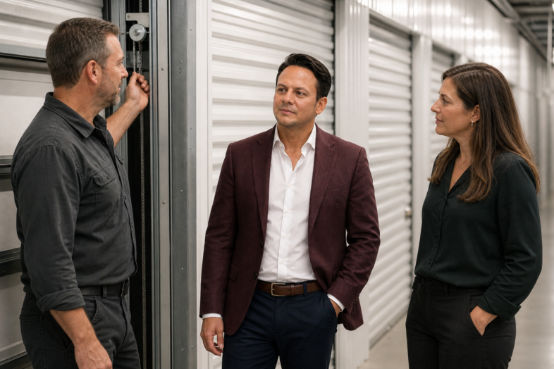 Jared Mastroianni and a facility colleague listen to a technician during an editorially constructed self-storage corridor walkthrough.