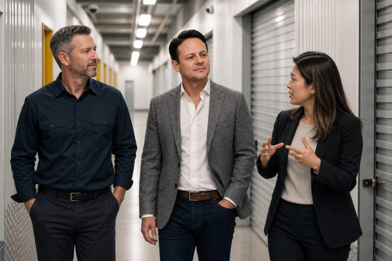 Three self-storage operations professionals discuss facility conditions during a corridor walk-through.