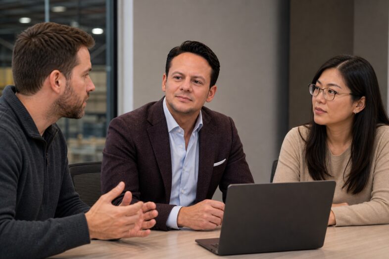 Jared Mastroianni listens with two colleagues during an editorially constructed AI design-review meeting.