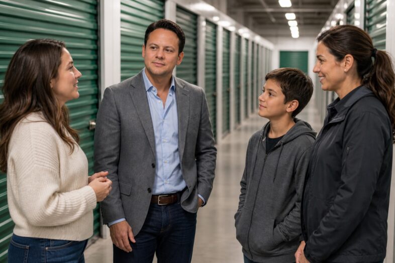 Jared Mastroianni listens during an editorially constructed conversation with a customer family in a self-storage corridor.