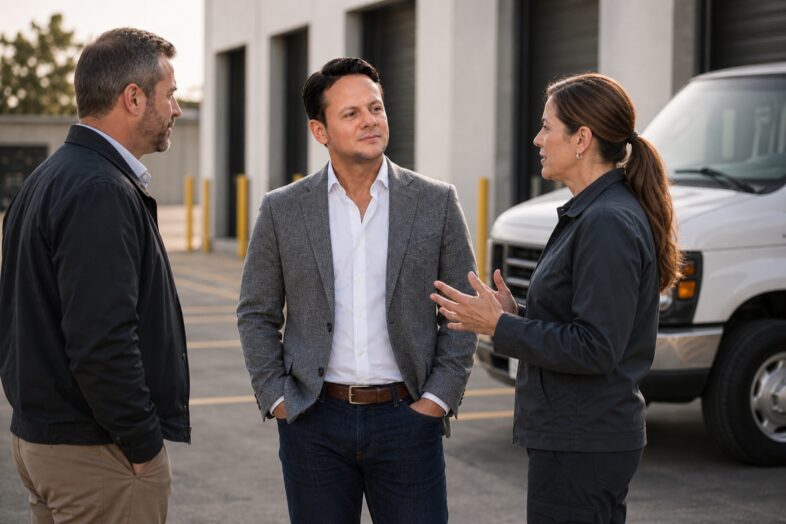 A self-storage operations leader speaks with two facility employees beside a parked van in an outdoor loading area.