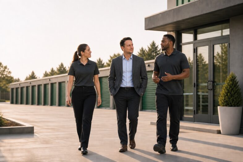 A self-storage operations leader walks outside a facility with two employees near the main building entrance.