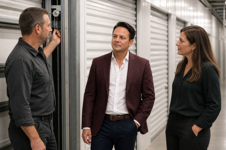 Jared Mastroianni and a facility colleague listen to a door technician beside a closed self-storage roll-up door in an editorially constructed scene.
