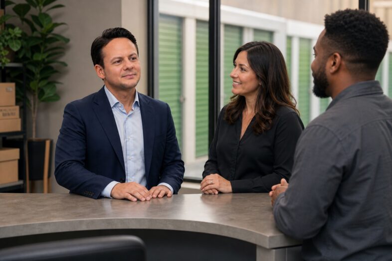 Jared Mastroianni and a facility colleague speak with a customer at a self-storage front counter in an editorially constructed scene.