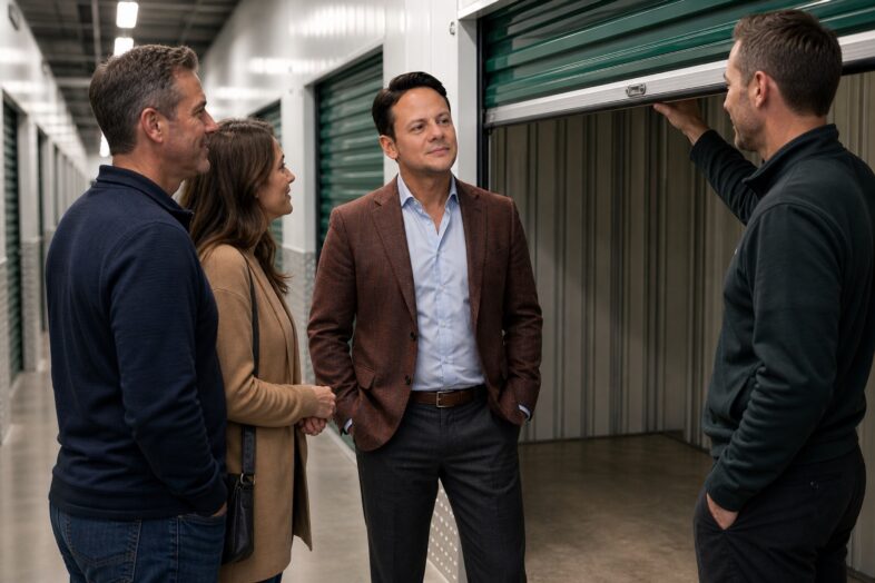 Jared Mastroianni and a facility colleague discuss an open self-storage unit with two customers in an editorially constructed scene.