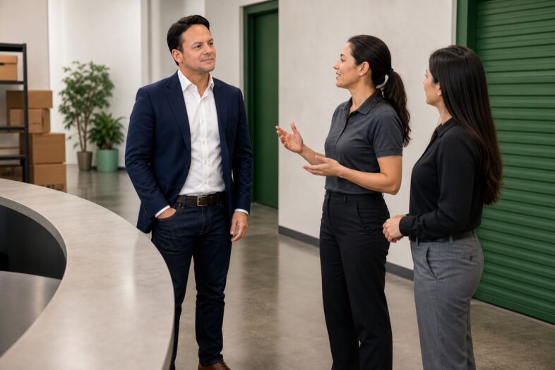 A self-storage operations leader listens to two facility employees in a front office.