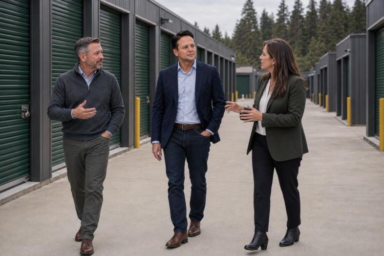 Three facility leaders walk a clear self-storage drive aisle while discussing property operations.