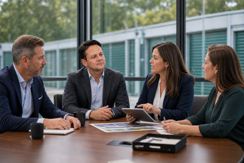 Jared Mastroianni and three colleagues discuss operating metrics in a conference room overlooking a self-storage facility.