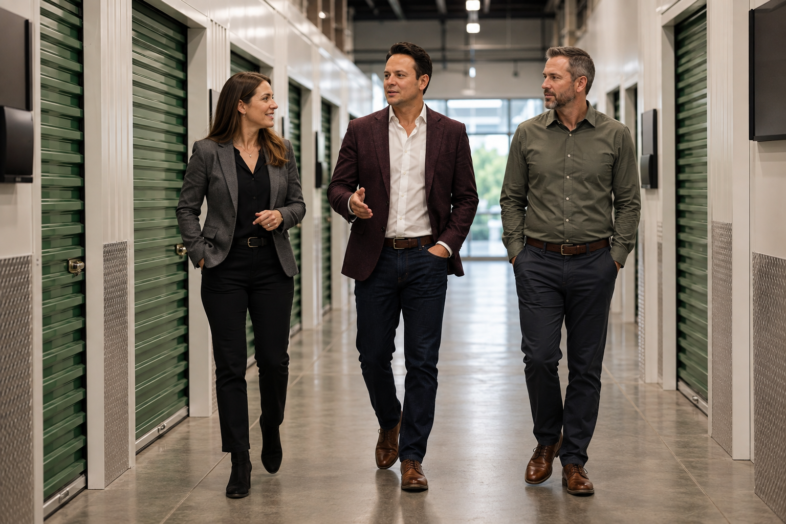 Three facility leaders walk a bright climate-controlled self-storage corridor while reviewing operating conditions.