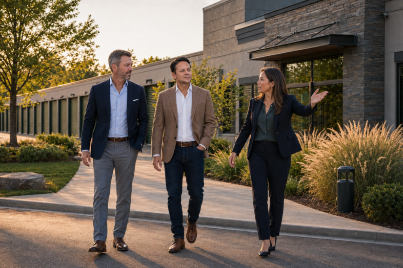 Three facility leaders walk the exterior customer approach while reviewing property conditions.