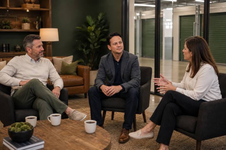 Three self-storage leaders discuss customer experience in a lounge beside an interior storage corridor.
