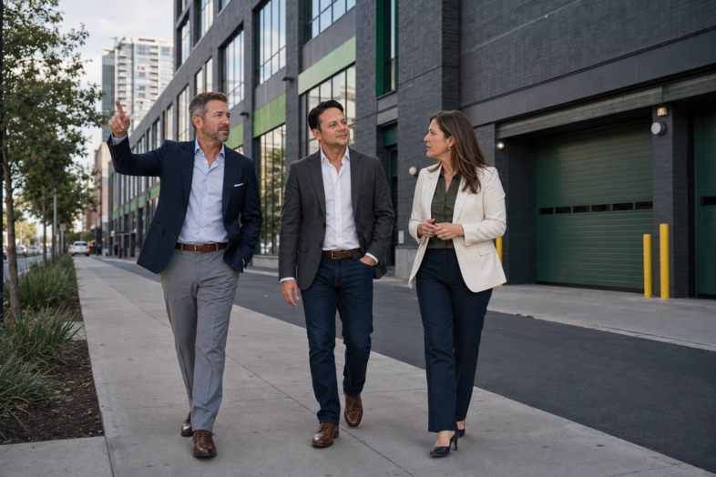 Jared Mastroianni and two colleagues walk outside a multistory self-storage property while reviewing the site.