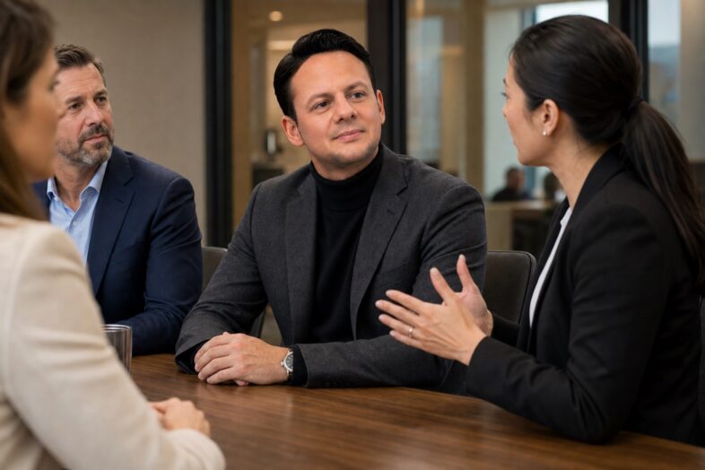 Jared and a cross-functional team review an AI governance workflow around a conference table, representing the controls that determine what facility context reaches a model.