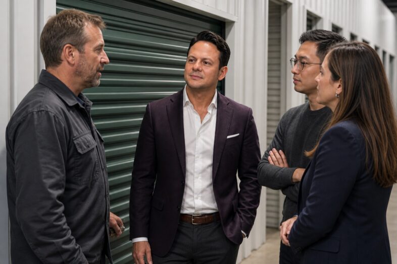 Jared Mastroianni listens to a technician and two colleagues beside self-storage unit doors in an AI-generated editorial image about verifying complete facility-system search results.