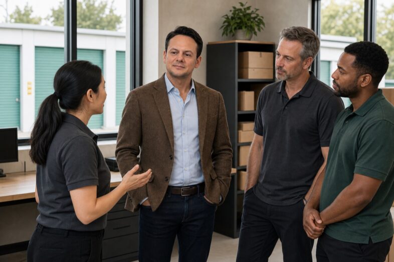 A self-storage facility employee briefs Jared Mastroianni and two colleagues during an AI-generated editorial team huddle.