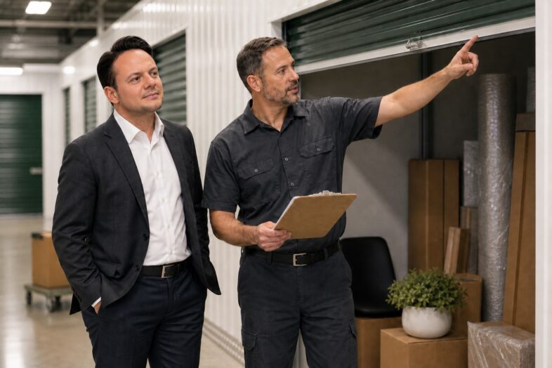 A technician points out a facility condition to Jared during an AI-generated self-storage walkthrough scene.