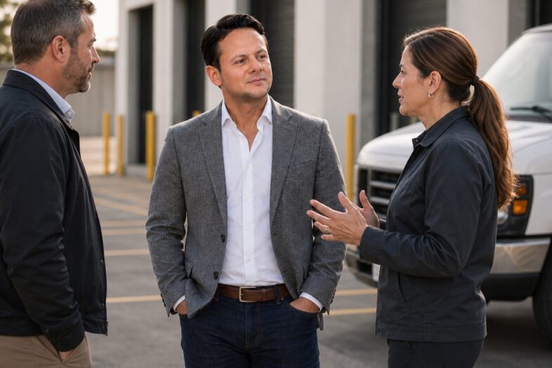 A self-storage operations leader speaks with two facility employees beside a parked service van in an outdoor loading area.